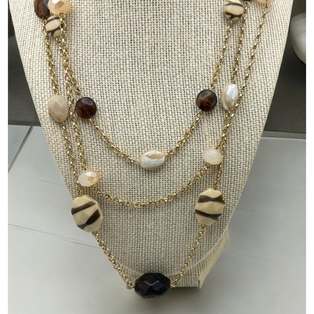 Charming Charlie Multi-Strand Gold Tone Chain Necklace Brown Beige Beads Layered